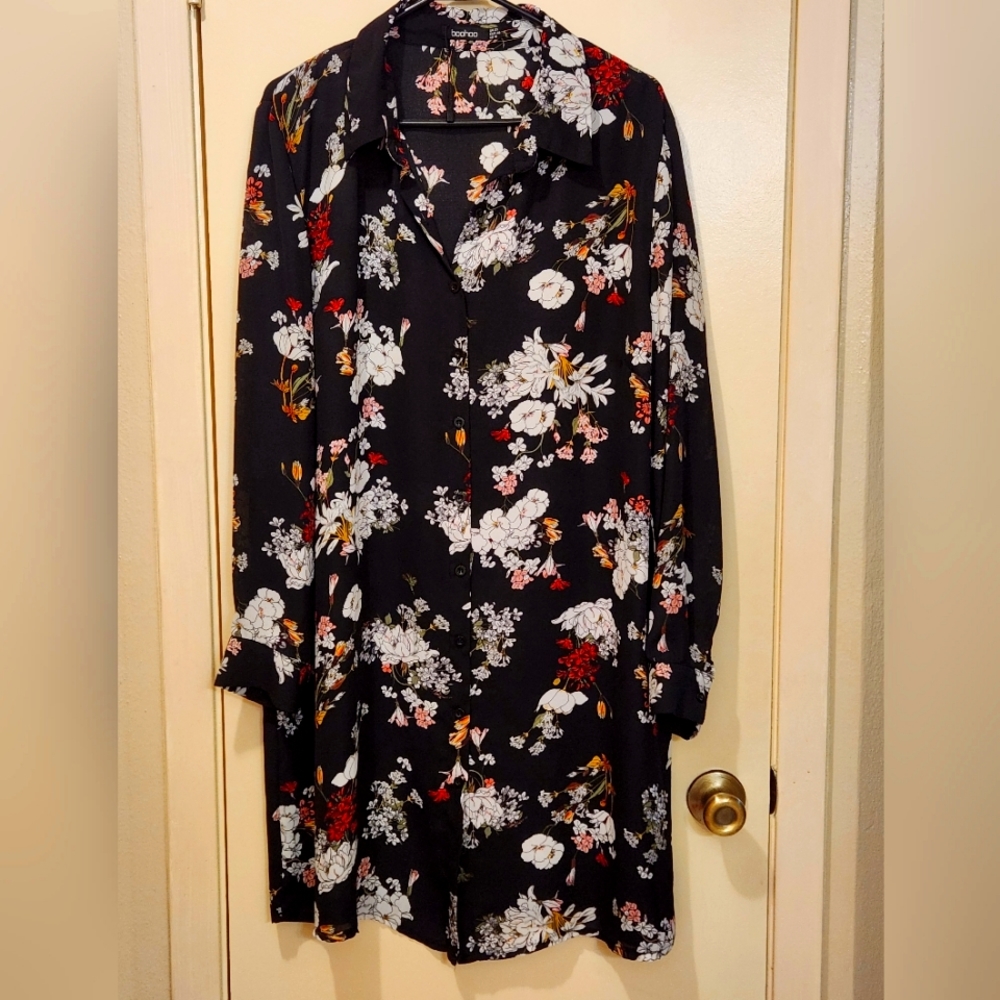 Boohoo black floral shirt dress